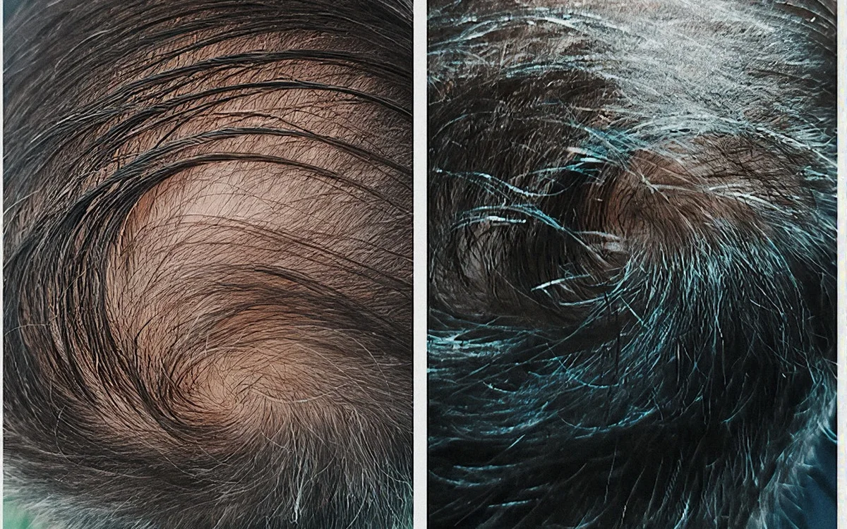 Couro cabeludo de um paciente da Homenz antes e depois do tratamento capilar