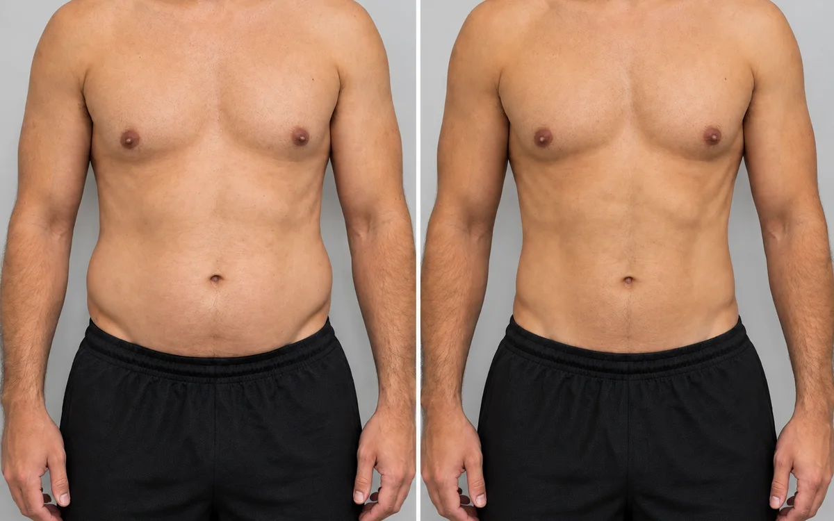 Ilustração de abdômen masculino antes e depois do protocolo corporal de redução de medidas